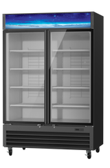 A 49 Cu. Ft. glass door refrigerated merchandiser with two clear sliding doors, empty wire shelves inside, and a blue night sky strip on top. This fridge stands on wheels and features a digital display at the bottom right.