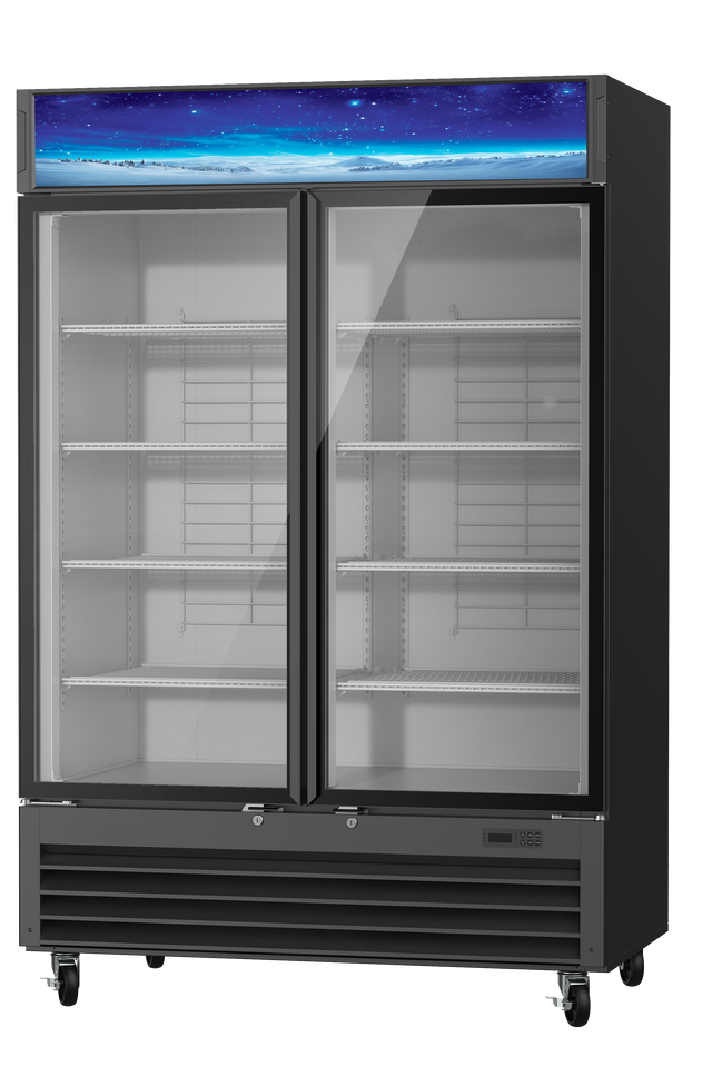 A 49 Cu. Ft. glass door refrigerated merchandiser with two clear sliding doors, empty wire shelves inside, and a blue night sky strip on top. This fridge stands on wheels and features a digital display at the bottom right.