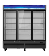 A large, three-section refrigerated merchandiser with glass doors, empty wire shelves, black frame, and wheels at the base. The top features a blue-lit starry sky display panel. It has bottom-mount refrigeration and stands against a plain white background.