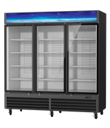 A three-section refrigerated merchandiser with metal shelves, bottom-mount refrigeration, glass doors, a digital control panel at the bottom right, caster wheels, and a striking blue starry decorative panel across the top.