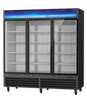 A three-section refrigerated merchandiser with metal shelves, bottom-mount refrigeration, glass doors, a digital control panel at the bottom right, caster wheels, and a striking blue starry decorative panel across the top.