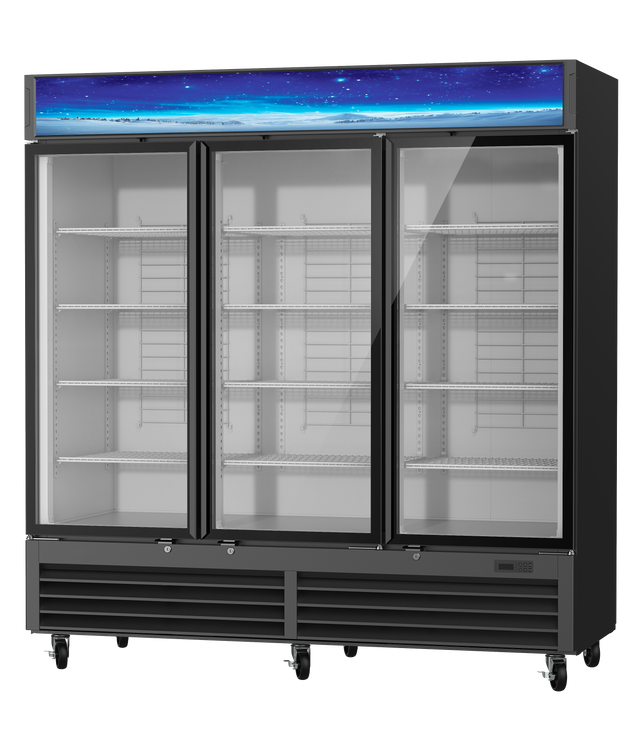 A three-section refrigerated merchandiser with metal shelves, bottom-mount refrigeration, glass doors, a digital control panel at the bottom right, caster wheels, and a striking blue starry decorative panel across the top.