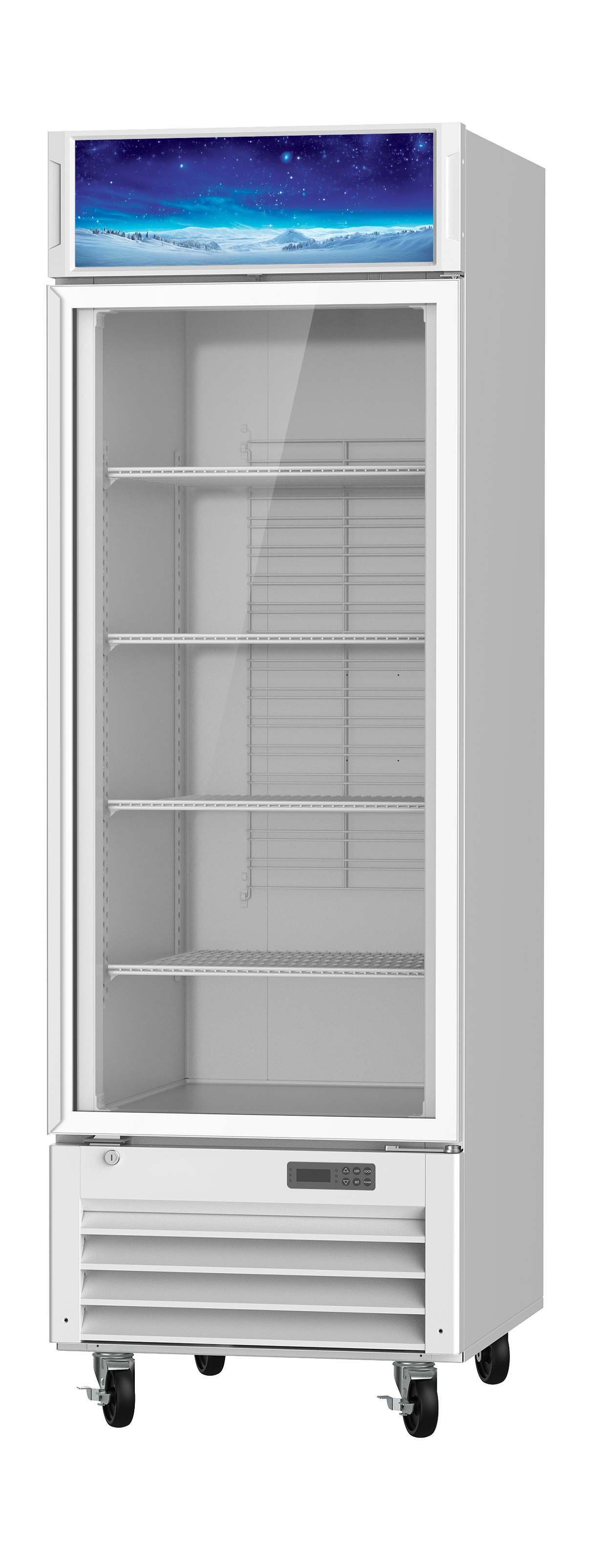A commercial display cooler with a glass door, white frame, four empty wire shelves, and wheels. The top panel features a blue and white graphic. This refrigerated merchandiser is clean, unstocked, and set against a plain white background.