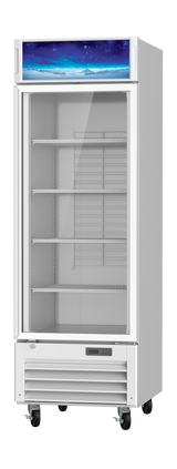 A commercial display cooler with a glass door, white frame, four empty wire shelves, and wheels. The top panel features a blue and white graphic. This refrigerated merchandiser is clean, unstocked, and set against a plain white background.