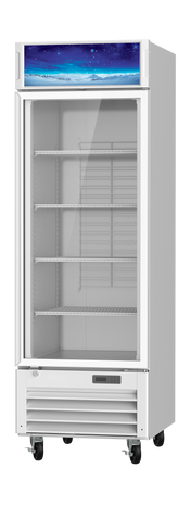 A commercial display cooler with a glass door, white frame, four empty wire shelves, and wheels. The top panel features a blue and white graphic. This refrigerated merchandiser is clean, unstocked, and set against a plain white background.