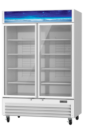 A large, upright Refrigerated Merchandiser with two clear glass doors, empty metal shelves, ENERGY STAR efficiency, LED interior lighting, a bright blue night sky panel on top, and wheels at the base for easy mobility.