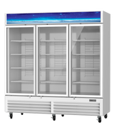 A large, white glass door refrigerator with three doors, empty interior shelves, and wheels at the base. The top panel displays a blue starry sky graphic. This commercial refrigerator is set against a plain, white background.
