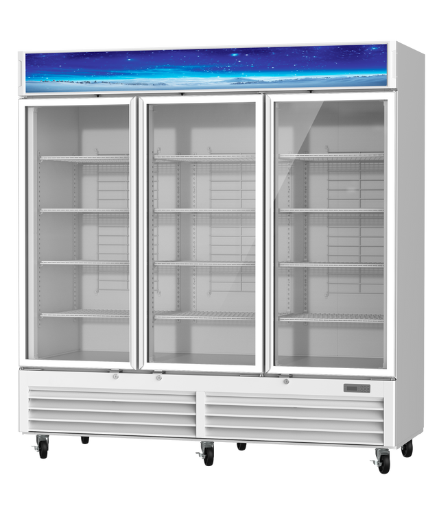 A large, white glass door refrigerator with three doors, empty interior shelves, and wheels at the base. The top panel displays a blue starry sky graphic. This commercial refrigerator is set against a plain, white background.