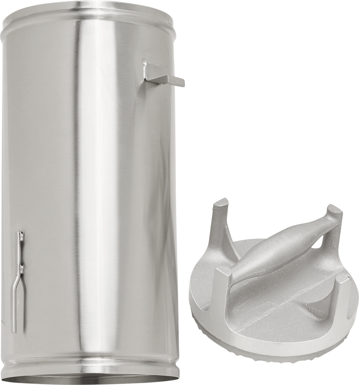 A shiny, cylindrical X13 series stainless steel container stands upright next to a matching metal lid with two handles. The lid is placed on its side, resting on the flat surface with handles facing upward. Both objects have a smooth, reflective metallic finish.