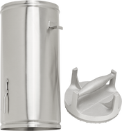A shiny, cylindrical X13 series stainless steel container stands upright next to a matching metal lid with two handles. The lid is placed on its side, resting on the flat surface with handles facing upward. Both objects have a smooth, reflective metallic finish.