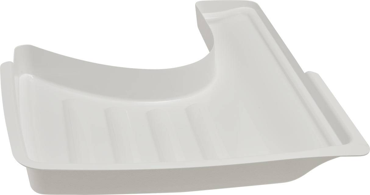 A white plastic shower seat from the X13-PLUS series, with a contoured edge and slotted drainage grooves. The corner-shaped, form-fitted seat features raised sides and a sloped back for support, ensuring secure accessibility in any bathtub or shower area.