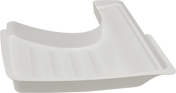 A white plastic shower seat from the X13-PLUS series, with a contoured edge and slotted drainage grooves. The corner-shaped, form-fitted seat features raised sides and a sloped back for support, ensuring secure accessibility in any bathtub or shower area.