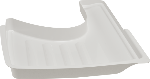 A white plastic shower seat from the X13-PLUS series, with a contoured edge and slotted drainage grooves. The corner-shaped, form-fitted seat features raised sides and a sloped back for support, ensuring secure accessibility in any bathtub or shower area.