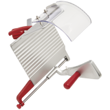A metal mandoline slicer with red handles and a wavy blade, inspired by the efficiency of a gravity feed slicer. It features a grooved surface, clear plastic hand guard, and adjustable thickness lever for safe, uniform vegetable slicing.