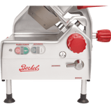 A close-up of a Berkel automatic slicer shows control buttons labeled “Blade Power” and “Automatic,” a large red dial, silver switch for Automatic or Manual mode, the Berkel logo, and its metallic exterior with a 12 carbon steel knife.