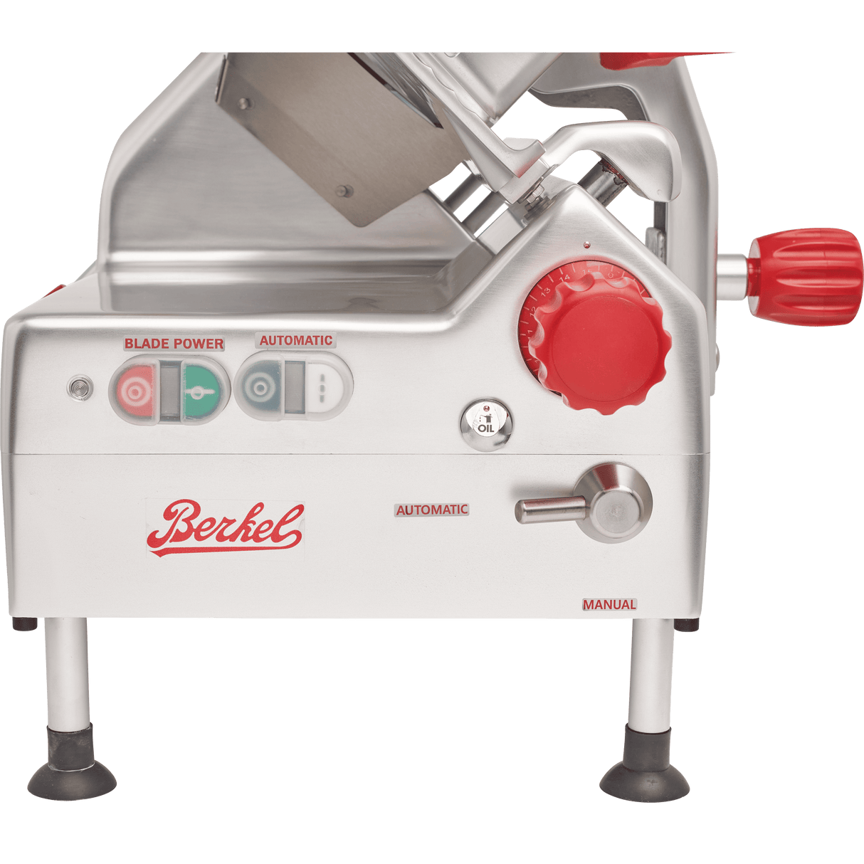 Close-up side view of a silver Berkel automatic slicer. Visible are control buttons labeled Blade Power and Automatic, a large red adjustment knob, manual/automatic switch, the red Berkel logo, and black rubber-tipped feet at the bottom.