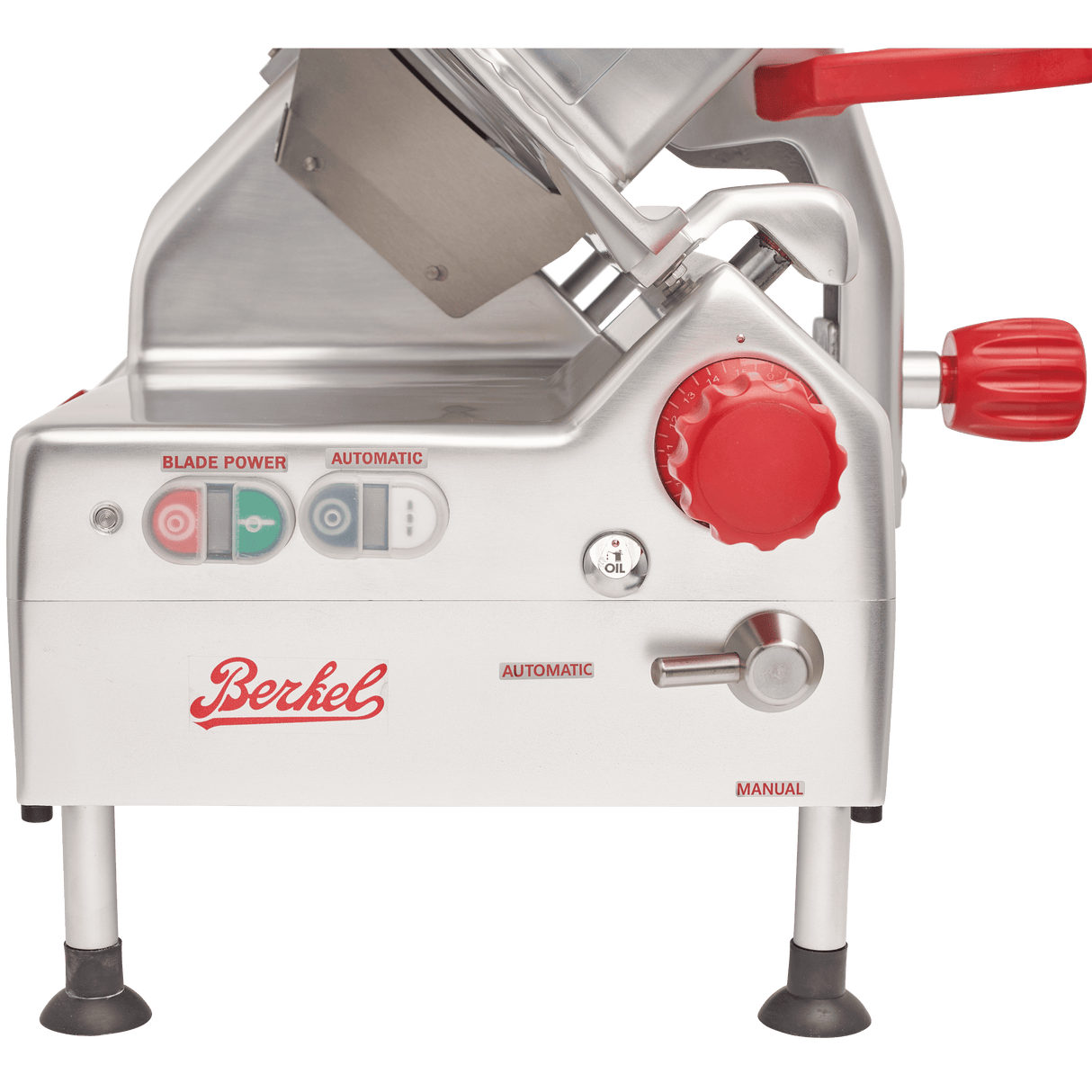 A silver Berkel gravity feed slicer with red handles and knobs. The control panel features “Blade Power,” “Automatic,” and “Manual.” It stands on four black-tipped legs, features a 12 carbon steel knife, and has the red Berkel logo on the front.