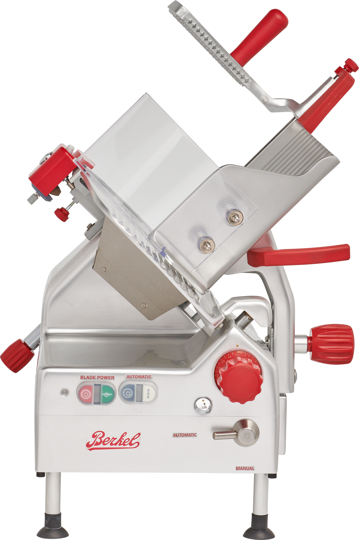 A gravity feed slicer with a tilted silver body, red handles, and control knobs. This commercial automatic slicer features a 12 carbon steel knife for clean cuts and is labeled “Berkel,” ideal for professional food preparation.