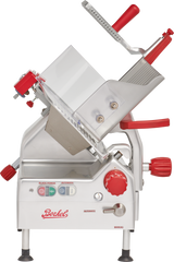 A gravity feed slicer with a tilted silver body, red handles, and control knobs. This commercial automatic slicer features a 12 carbon steel knife for clean cuts and is labeled “Berkel,” ideal for professional food preparation.