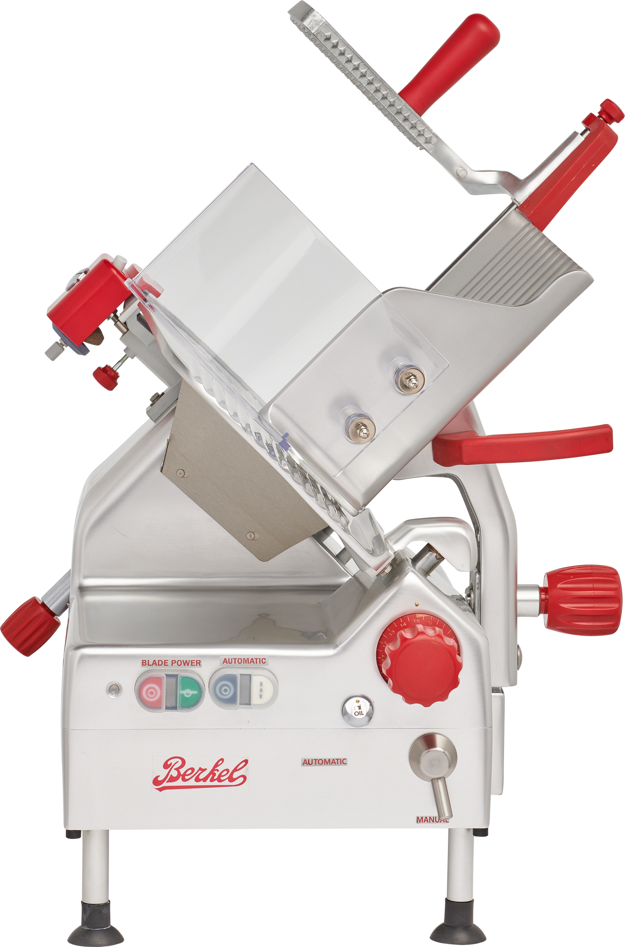 A commercial gravity feed slicer with a tilted stainless steel body, red handle, and control knobs. It features labeled buttons, a sliding tray for holding food, an exposed 12 carbon steel knife blade, and the Berkel brand on the front panel.