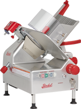 A commercial gravity feed slicer with a shiny metal body, red handles, knobs, and buttons. It features a large 12 carbon steel knife, safety guard, and labeled controls. The brand name “Berkel” is printed in red lettering on the side and front panel.