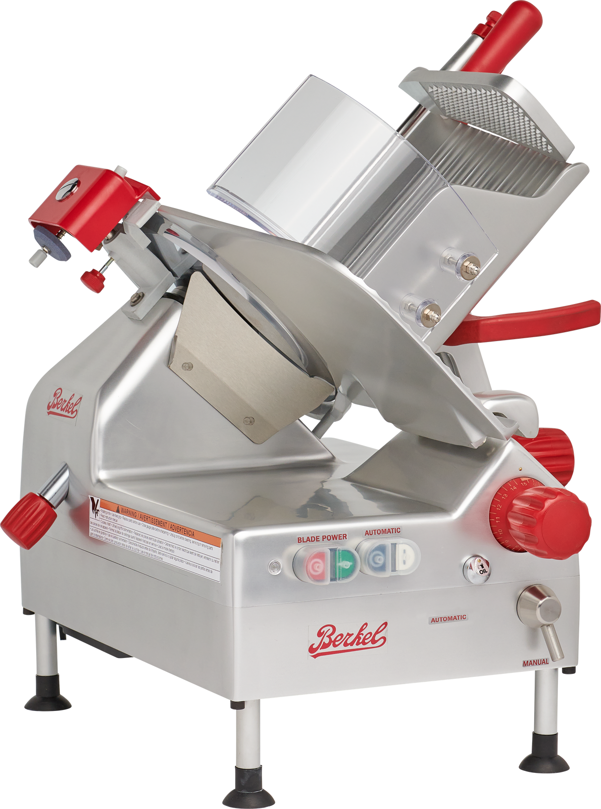 A commercial-grade Berkel gravity feed slicer with a stainless steel body, red knobs, 12 carbon steel knife, circular blade, safety guard, control buttons, four legs, and both manual and automatic settings.