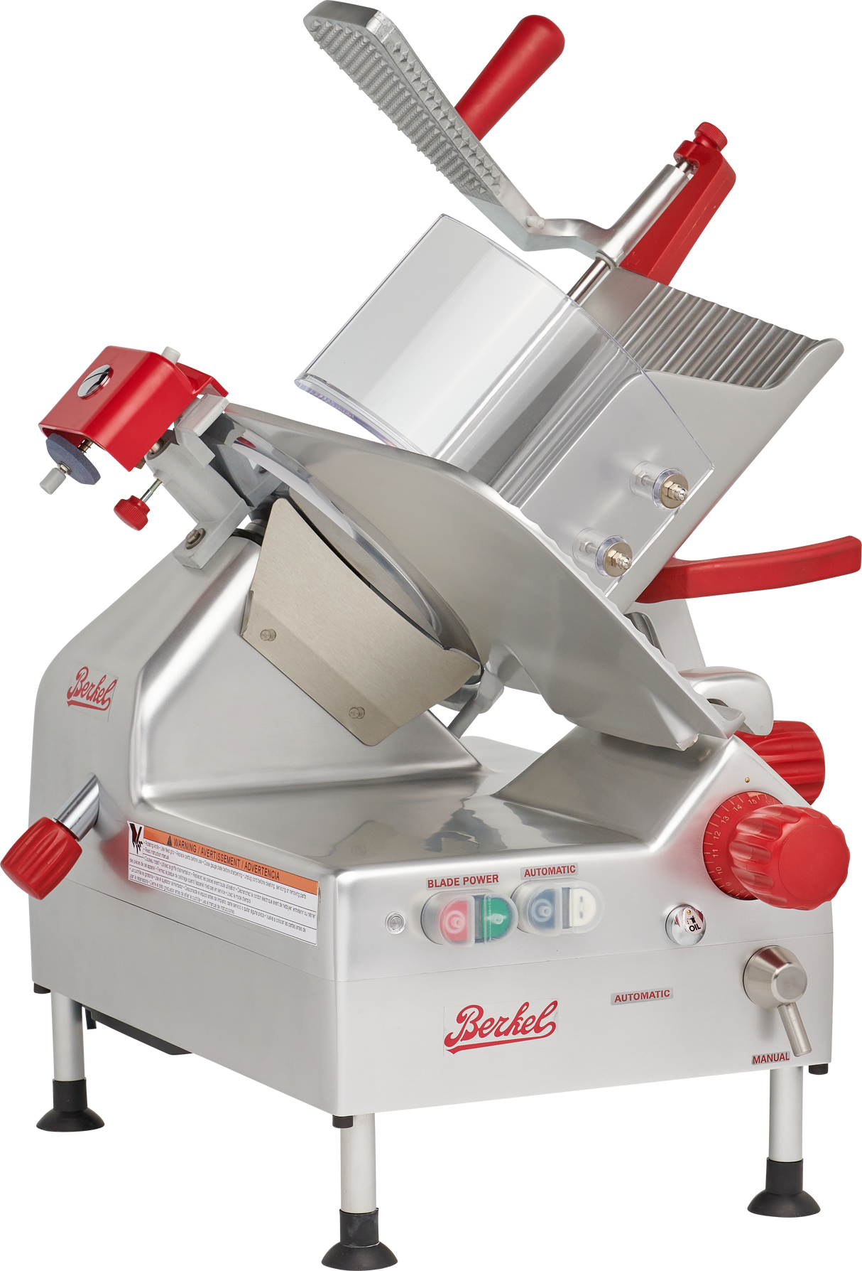 A silver and red Berkel gravity feed slicer with a 12 carbon steel knife, tilted blade, food carriage, safety guard, control knobs, and labeled buttons. The machine stands on four rubber-tipped feet and displays the Berkel logo on its side and front.