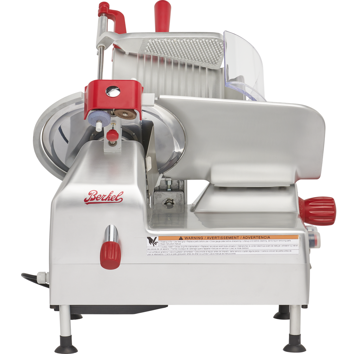 A commercial gravity feed slicer with a silver body, red knobs, and a “Berkel” logo on the front. Featuring a 12 carbon steel knife and round blade, this machine is designed for slicing deli meats and includes visible safety warning labels.