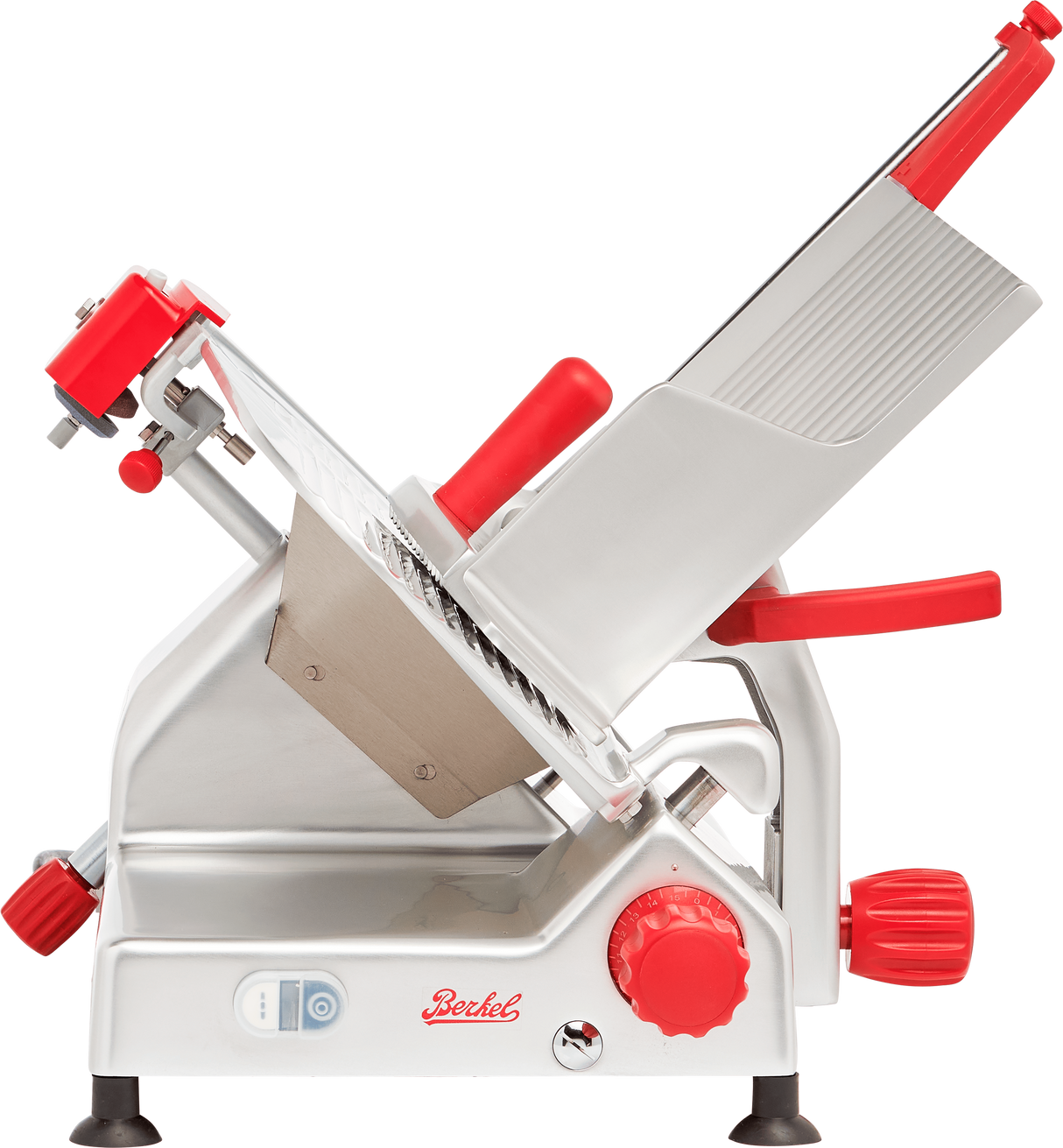 A commercial manual gravity feed slicer with a silver body and bright red handles and knobs. The angled carbon steel knife, sliding tray, and visible safety features enhance its functionality. The machine is labeled “Berkel” with easy adjustment controls.