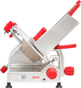 A commercial manual gravity feed slicer with a silver body and bright red handles and knobs. The angled carbon steel knife, sliding tray, and visible safety features enhance its functionality. The machine is labeled “Berkel” with easy adjustment controls.