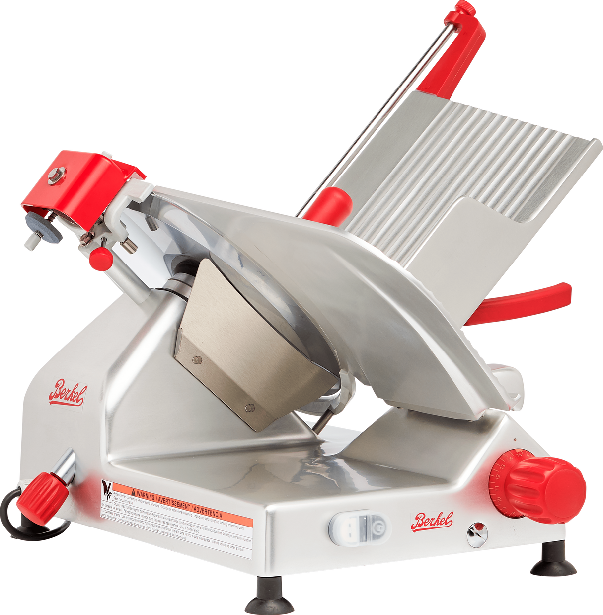 A Berkel gravity feed slicer with a shiny metal body, red handle, adjustment knobs, and a slanted blade guard. This commercial manual slicer is perfect for slicing deli meats and cheeses with precision.