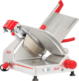 A Berkel gravity feed slicer with a shiny metal body, red handle, adjustment knobs, and a slanted blade guard. This commercial manual slicer is perfect for slicing deli meats and cheeses with precision.