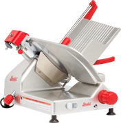 A Berkel gravity feed slicer with a shiny metal body, red handle, adjustment knobs, and a slanted blade guard. This commercial manual slicer is perfect for slicing deli meats and cheeses with precision.