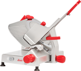 A Berkel commercial manual gravity feed slicer with a tilted stainless steel blade, red control knobs, handle, and safety guard. The flat base has non-slip feet and an on/off switch. “Berkel” is branded in red on the front of the slicer.