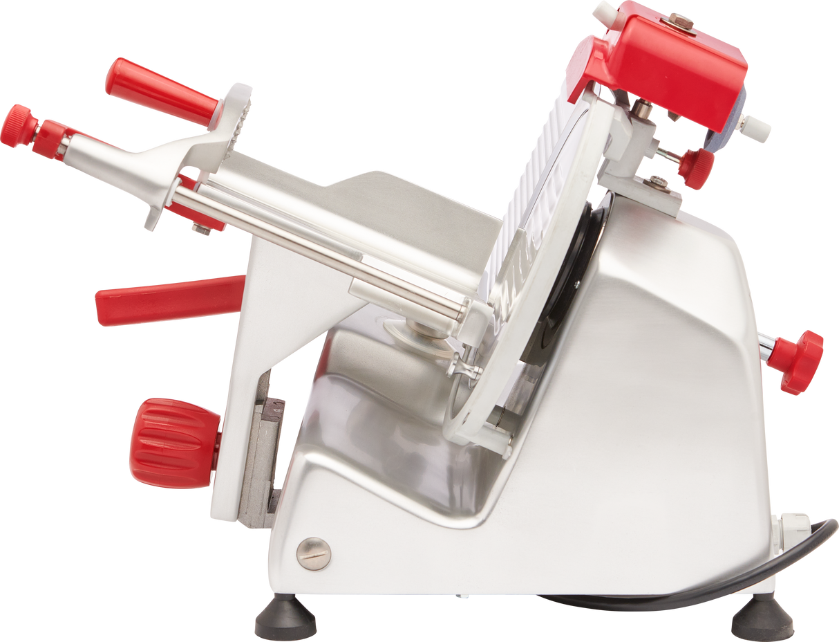 A side view of a silver and red Berkel slicer with a circular blade, food carriage, handle, safety guards, adjustment knobs, and suction cup feet, designed for slicing meat or cheese in kitchens or delis.