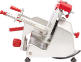 A side view of a silver and red Berkel slicer with a circular blade, food carriage, handle, safety guards, adjustment knobs, and suction cup feet, designed for slicing meat or cheese in kitchens or delis.