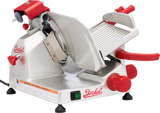 A Berkel slicer with red knobs and accents features a sharp circular blade, sliding food tray, grip-groove food holder, and power switch. This gravity feed slicer has a sturdy base and non-slip feet for safe, precise slicing.
