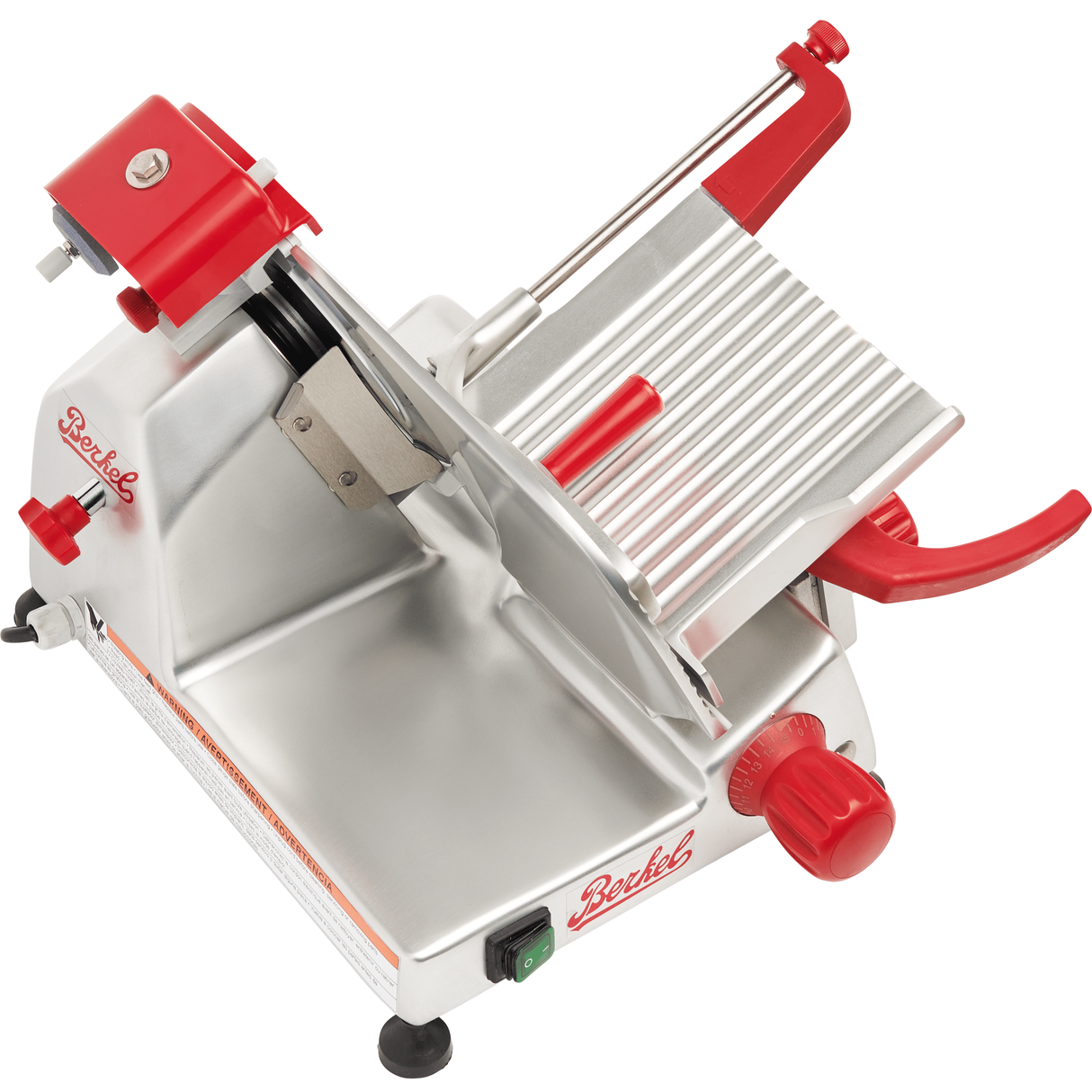 A commercial food slicer with a silver metal body and red accents, including knobs and handles. It features a sharp chromium-plated carbon steel knife, manual gravity feed sliding carriage, adjustable thickness settings, and Berkel branding in red script.