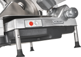 Close-up of a Hobart HS6-1PS Heavy Duty Meat Slicer base, featuring sturdy metal legs, red and white control buttons, the HOBART logo, and a stainless steel panel—showcasing its durable build and advanced 13 CleanCut Knife.