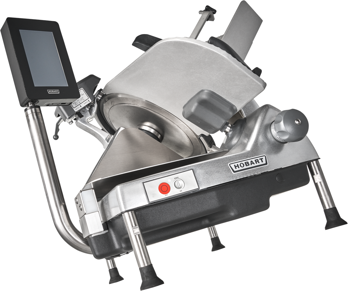 A heavy duty Hobart HS6-1PS meat slicer with a 13 CleanCut Knife, adjustable thickness gauge, safety guard, control panel with buttons, black display screen on an arm, and sturdy metal legs with black rubber feet.