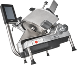 A heavy duty Hobart HS6-1PS meat slicer with a 13 CleanCut Knife, adjustable thickness gauge, safety guard, control panel with buttons, black display screen on an arm, and sturdy metal legs with black rubber feet.