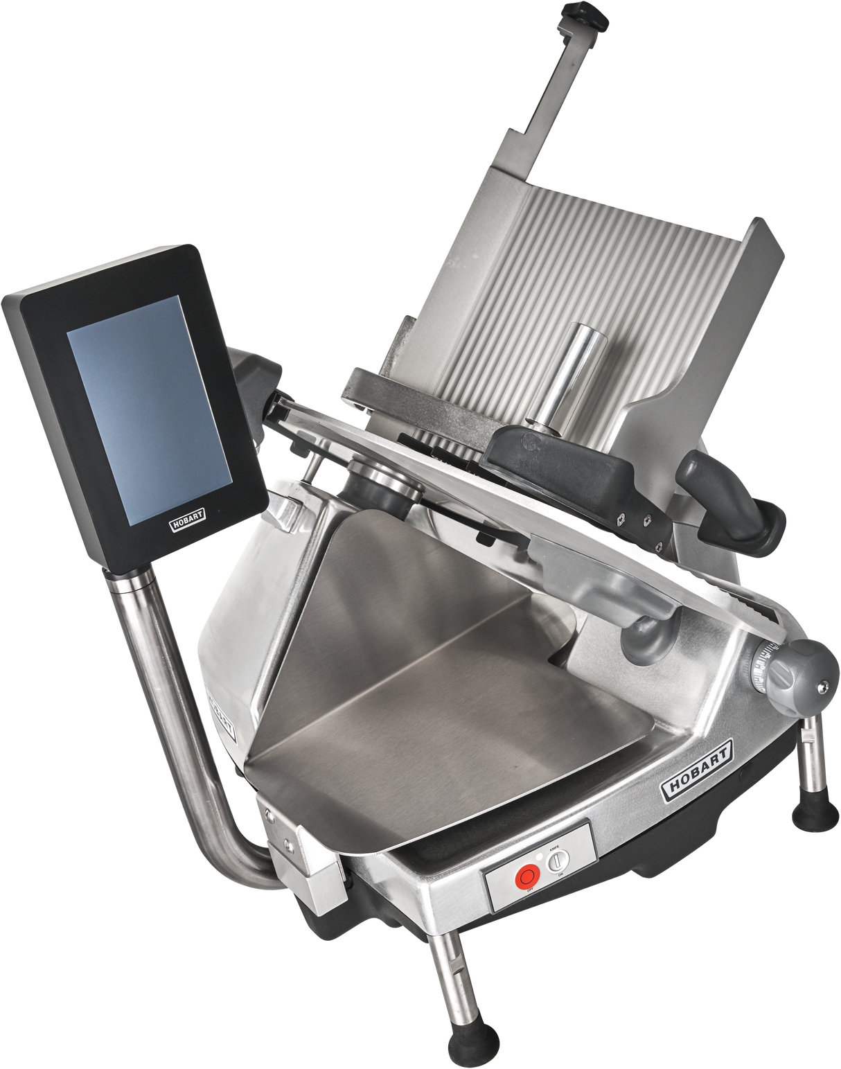 The Hobart HS6-1PS Heavy Duty Meat Slicer features a 13 CleanCut Knife, digital touchscreen display, stainless steel blade, and food tray. Adjustment knobs and levers provide thickness control, all supported by sturdy black feet.