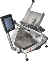 The Hobart HS6-1PS Heavy Duty Meat Slicer features a 13 CleanCut Knife, digital touchscreen display, stainless steel blade, and food tray. Adjustment knobs and levers provide thickness control, all supported by sturdy black feet.