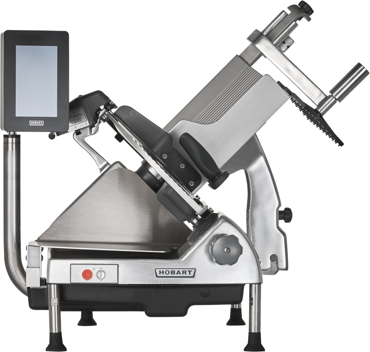 The Hobart HS6-1PS Heavy Duty Meat Slicer features a 13 CleanCut Knife, digital control screen, stainless steel body, angled carriage, safety guard, red power button, and thickness adjustment knob—perfect for slicing meats or cheeses in professional kitchens.