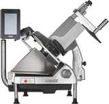 The Hobart HS6-1PS Heavy Duty Meat Slicer features a 13 CleanCut Knife, digital control screen, stainless steel body, angled carriage, safety guard, red power button, and thickness adjustment knob—perfect for slicing meats or cheeses in professional kitchens.