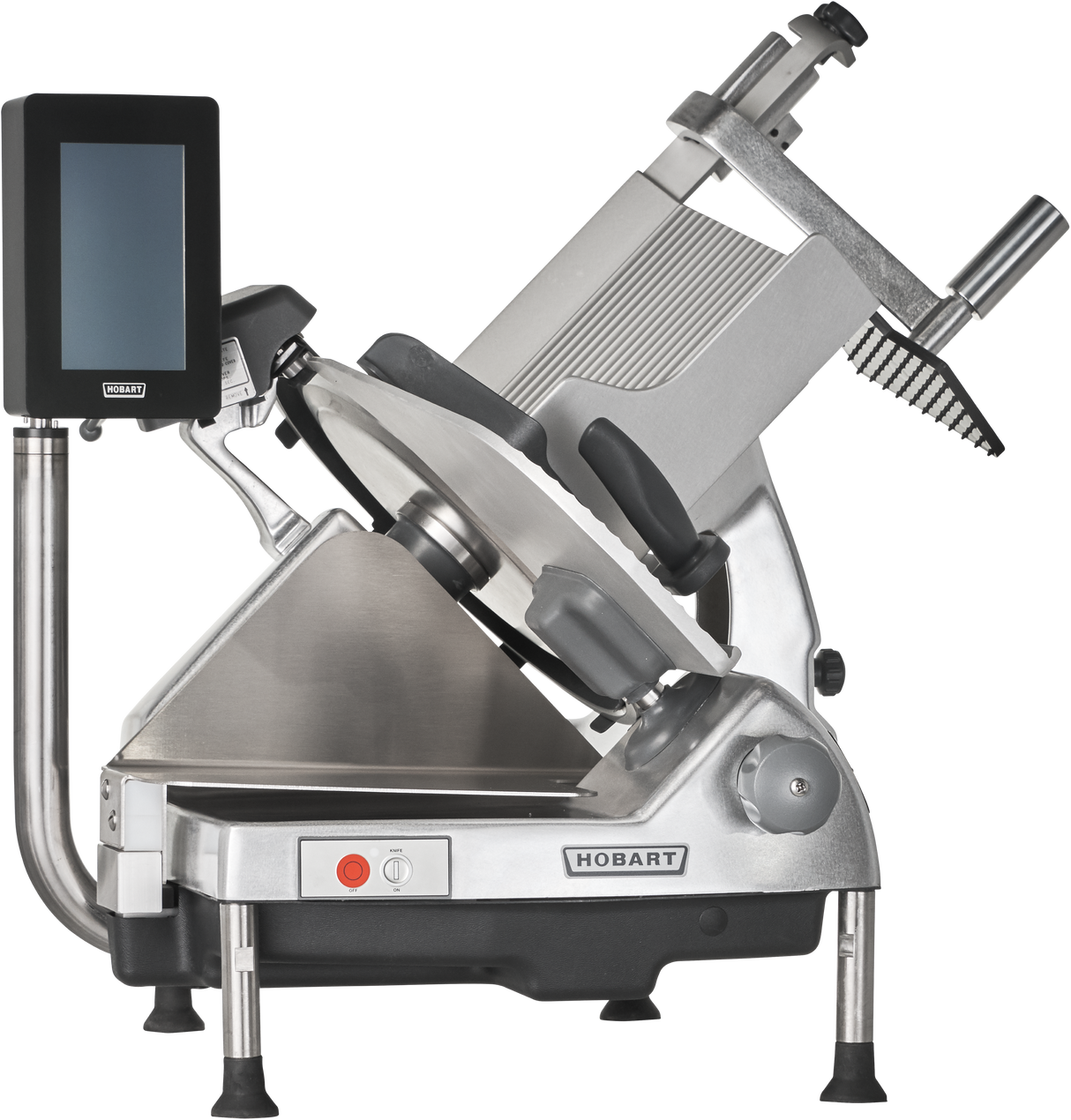 A heavy duty meat slicer, the Hobart HS6-1PS features a 13 CleanCut Knife, silver body, black handles, adjustable blade, digital display, and safety guards—ideal for slicing deli meats and cheeses with precision.