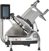 A heavy duty meat slicer, the Hobart HS6-1PS features a 13 CleanCut Knife, silver body, black handles, adjustable blade, digital display, and safety guards—ideal for slicing deli meats and cheeses with precision.