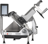 A commercial-grade Hobart HS6-1PS Heavy Duty Meat Slicer with a tilted base, sharp 13 CleanCut Knife blade, digital touchscreen display on the left, and extended pusher arm. Made of stainless steel and stabilized by rubber feet.