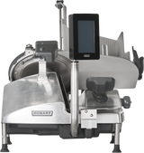 A Hobart HS6-1PS Heavy Duty Meat Slicer with a 13 CleanCut Knife, digital screen, and stainless steel features. Seen from the front, it includes a handle, thickness knob, and safety guards on a clean, neutral background.