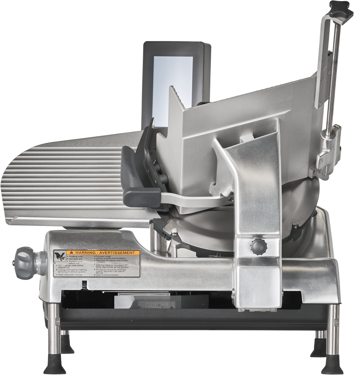 The Hobart HS6-1PS Heavy Duty Meat Slicer features a 13 CleanCut Knife, stainless steel construction, a circular blade, sliding tray, safety guard, and adjustment knobs—perfect for precise slicing of meats and cheeses in any professional kitchen.